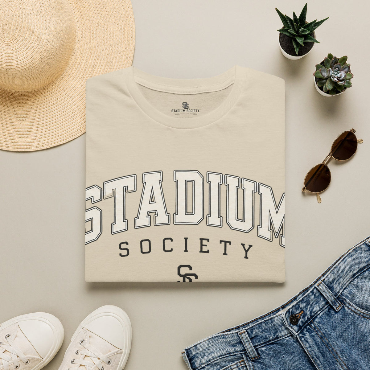 Stadium Society Collegiate Logo Tee — Classic Fit — sand front