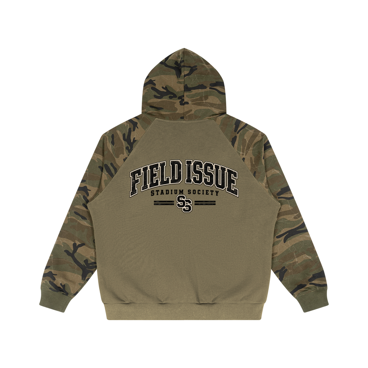 Stadium Society Camo-Splice Raglan Zip Hoodie — back view (camo hood, olive body)