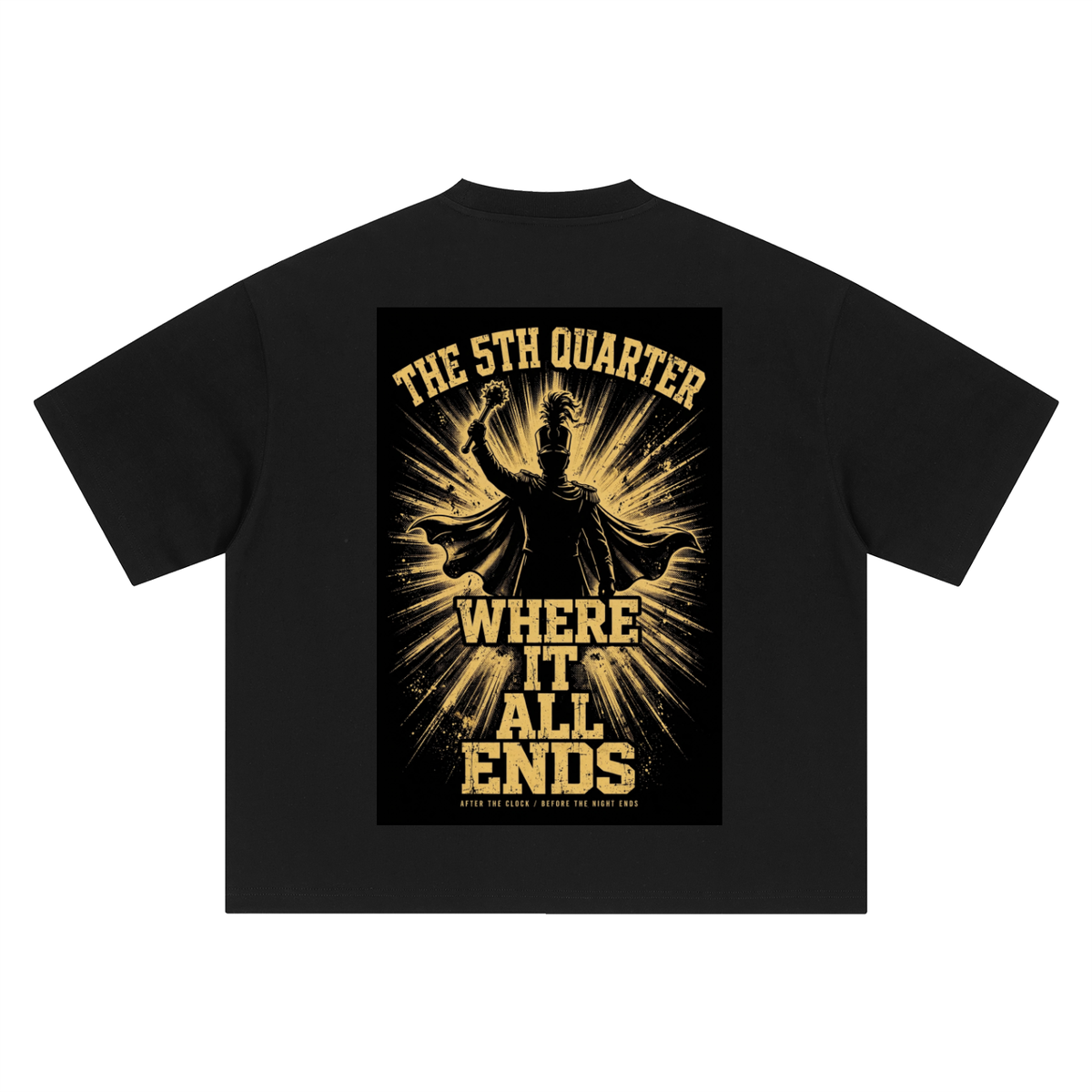 5th Quarter: Where It All Ends — Drum Major Edition Heavyweight Tee — back view (black, drum major artwork)