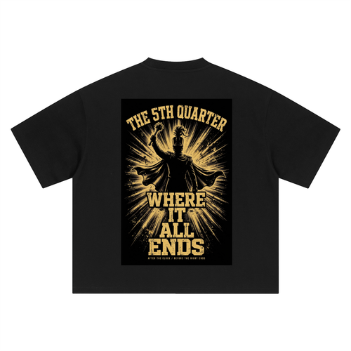 5th Quarter: Where It All Ends — Drum Major Edition Heavyweight Tee — back view (black, drum major artwork)