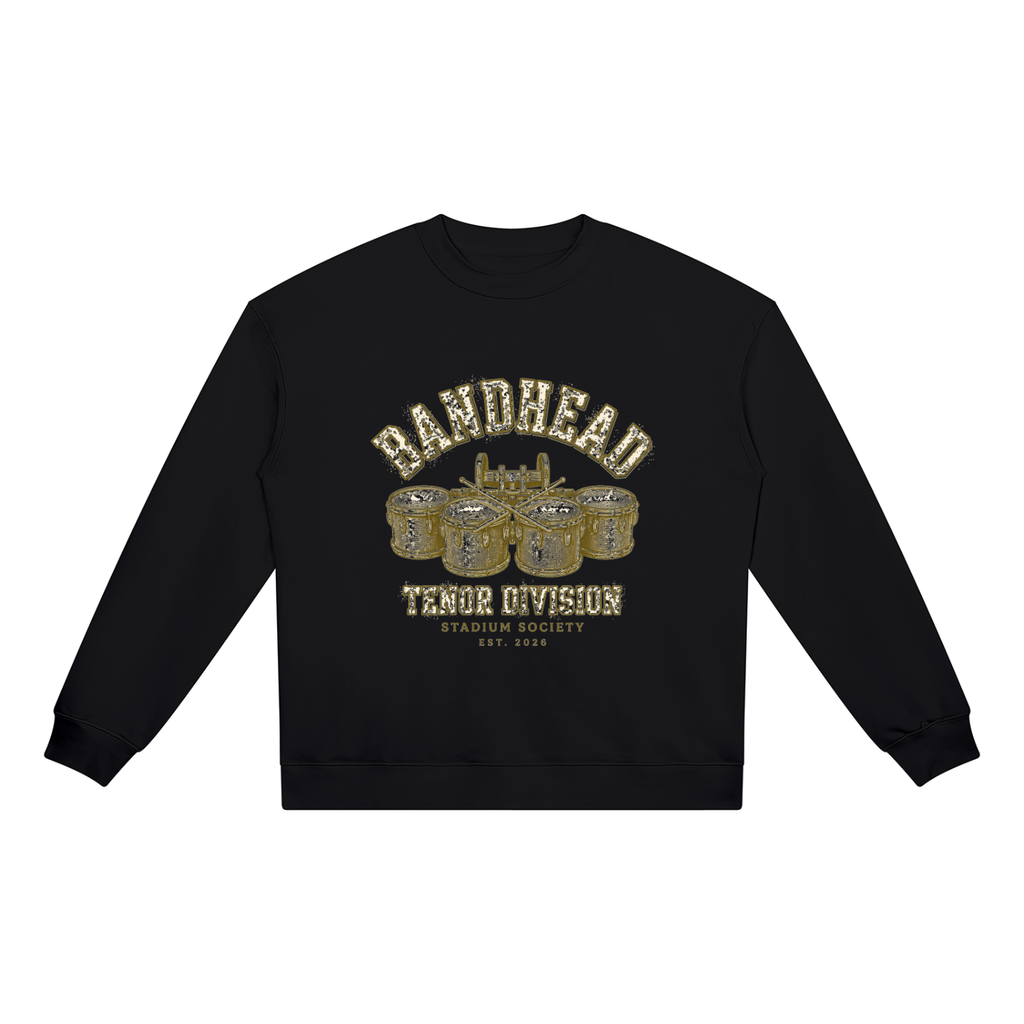 Bandhead Tenor Division Heavyweight Crewneck — front view (black, arched Bandhead tenor drums graphic)
