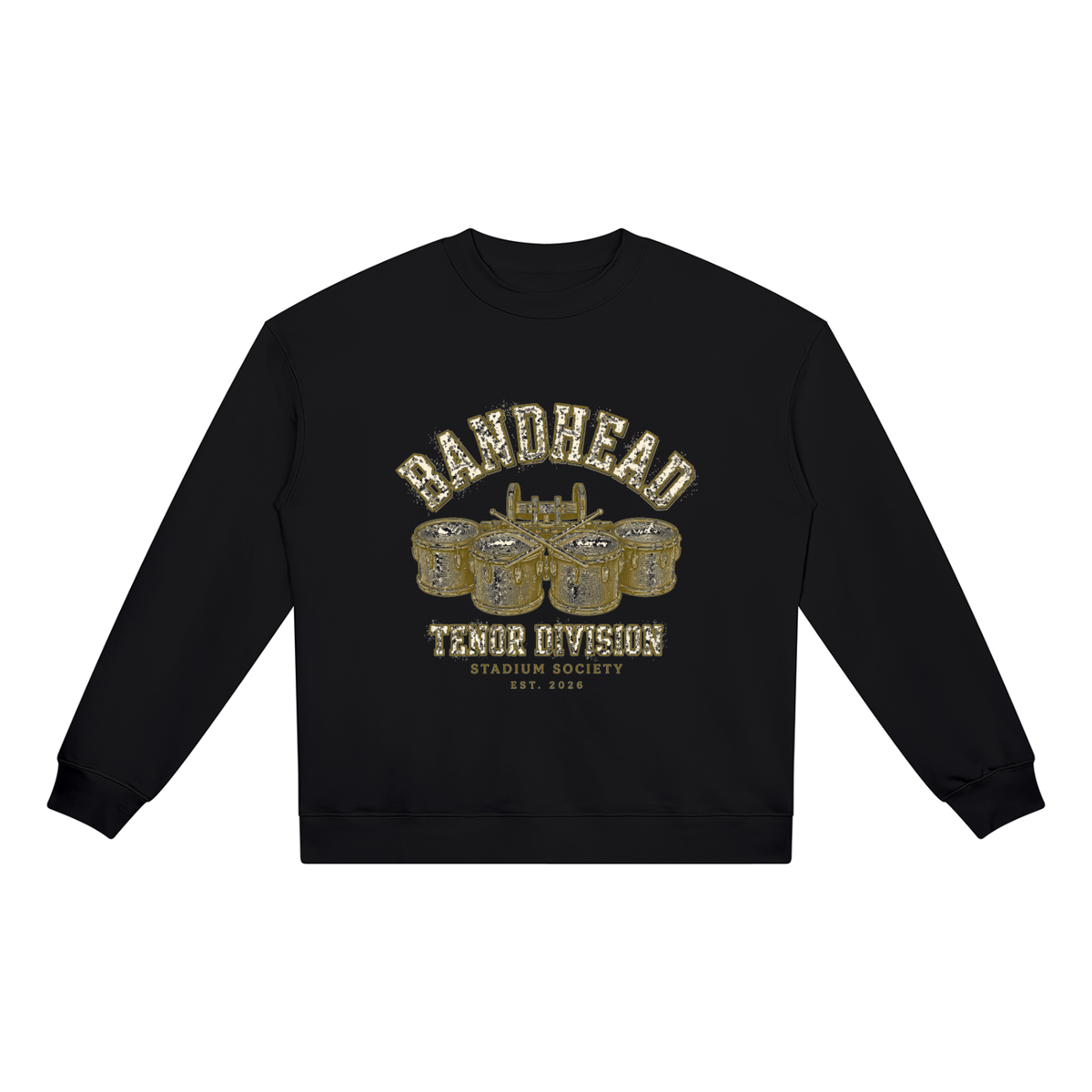 Bandhead Tenor Division Heavyweight Crewneck — front view (black, arched Bandhead tenor drums graphic)
