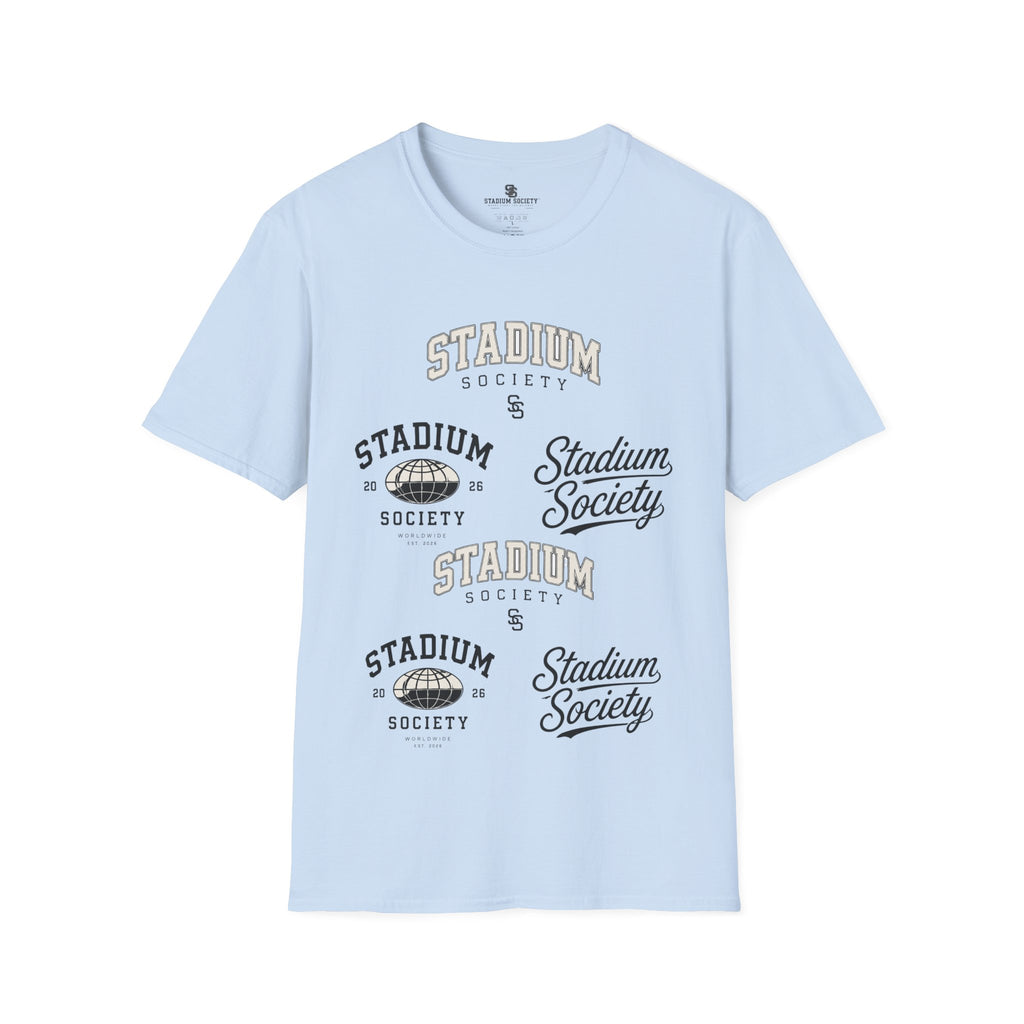 Stadium Society Collegiate Logo Tee — Heritage — light blue front, five-logo design