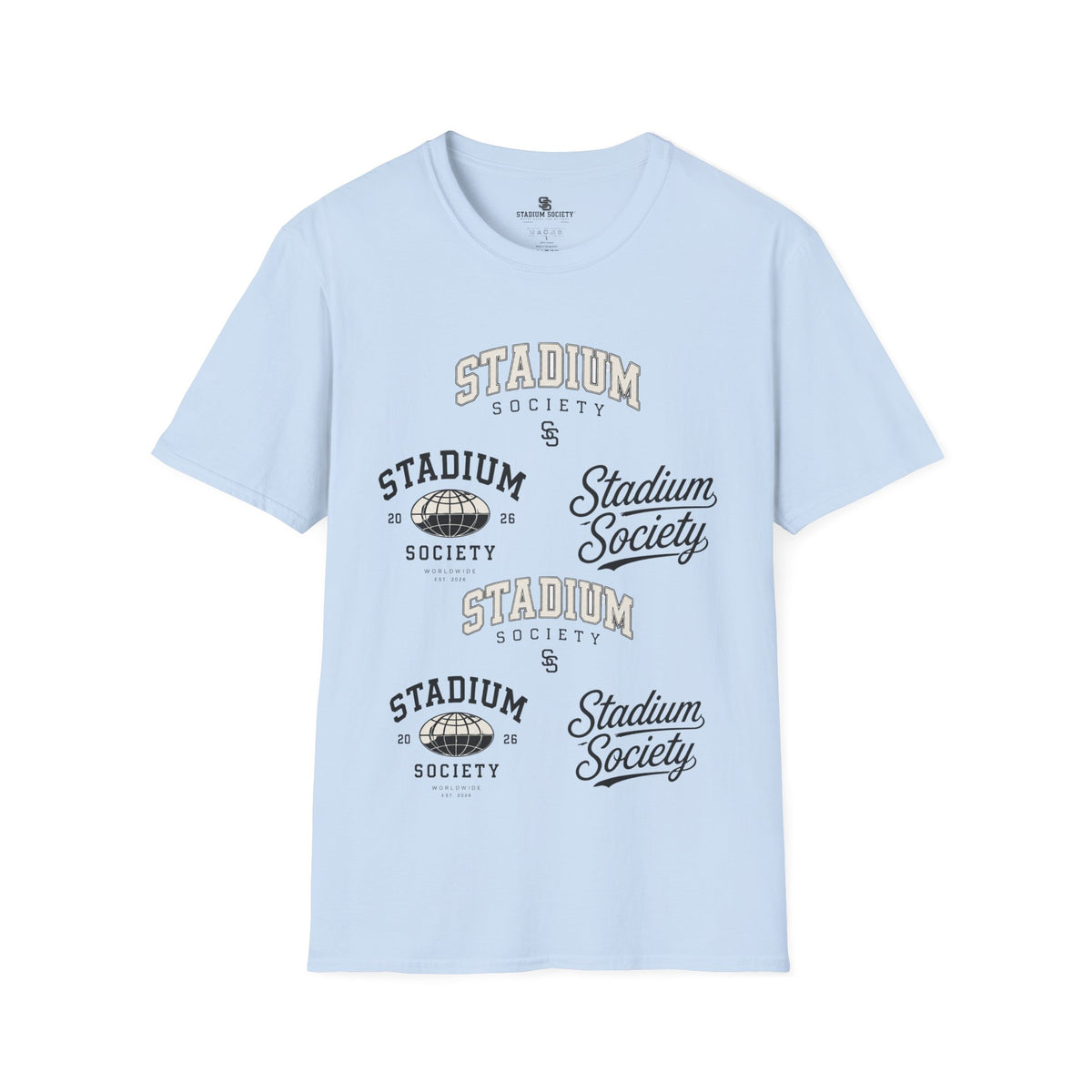 Stadium Society Collegiate Logo Tee — Heritage — light blue front, five-logo design