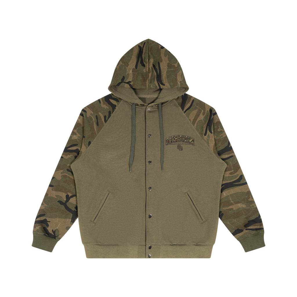 Stadium Society Camo-Splice Raglan Zip Hoodie — front view (camo hood, olive body)