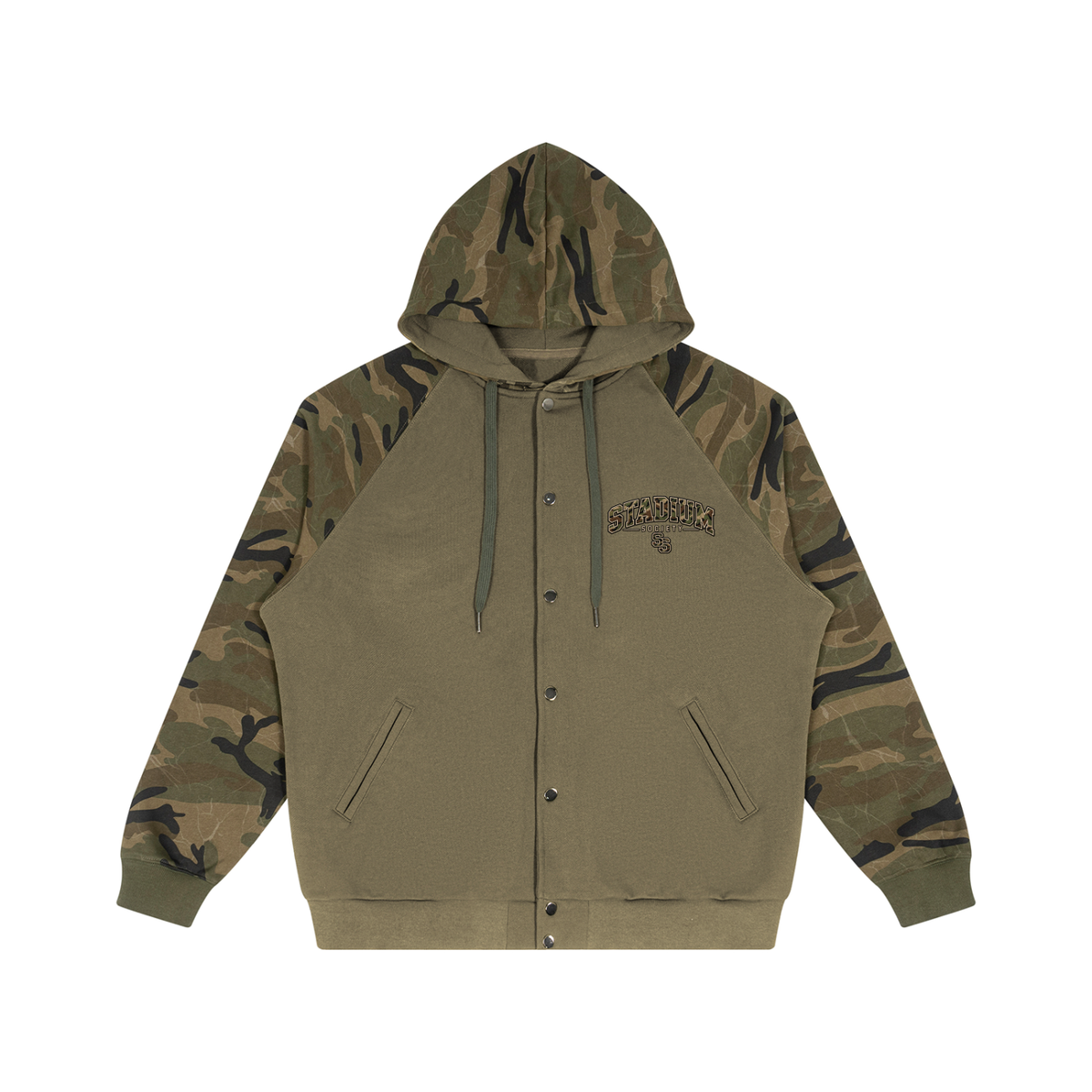 Stadium Society Camo-Splice Raglan Zip Hoodie — front view (camo hood, olive body)