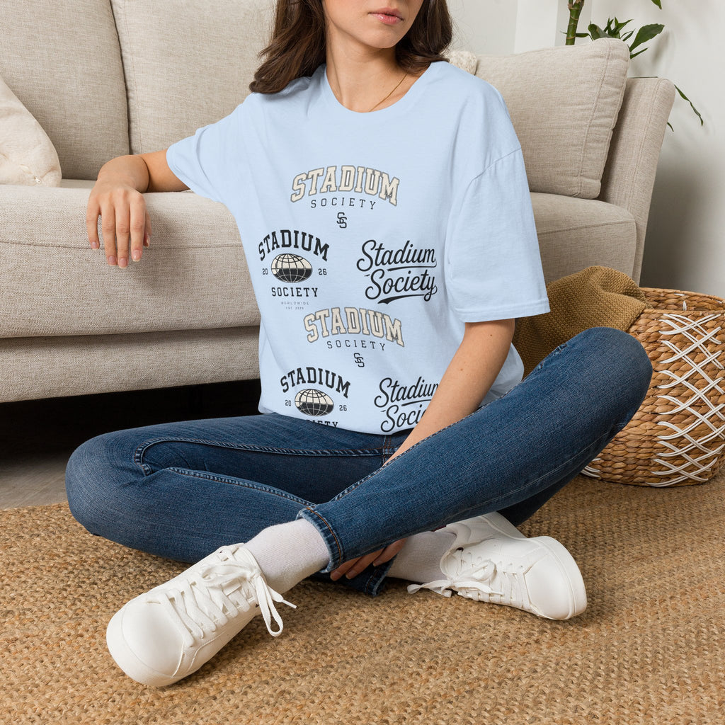 Stadium Society Collegiate Logo Tee — Heritage — light blue front, five-logo design