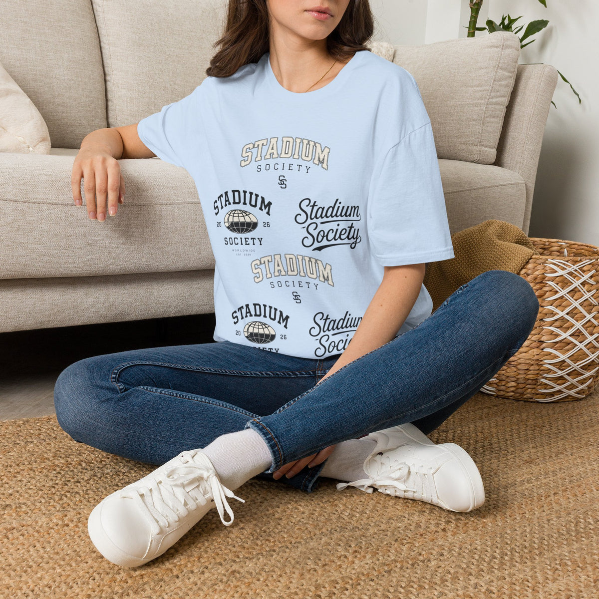 Stadium Society Collegiate Logo Tee — Heritage — light blue front, five-logo design
