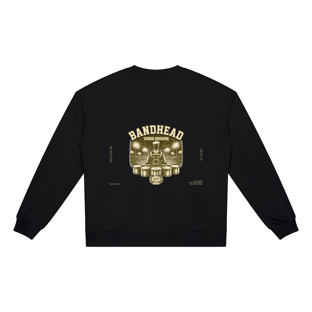 Bandhead Tenor Division Heavyweight Crewneck — back view (black, stadium scene artwork)