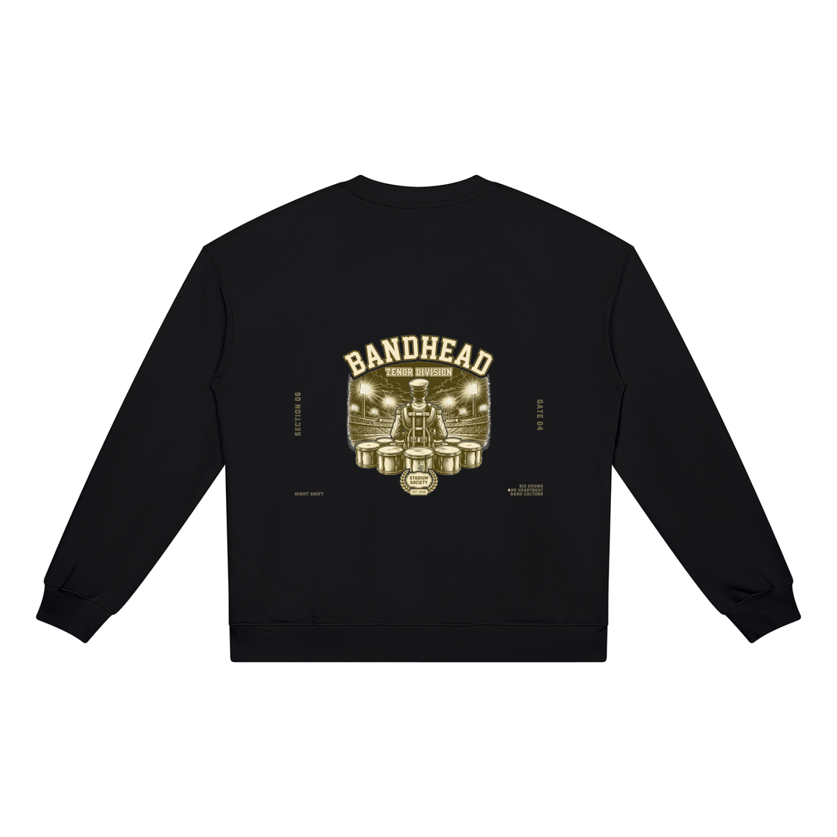 Bandhead Tenor Division Heavyweight Crewneck — back view (black, stadium scene artwork)
