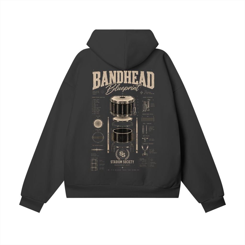 Bandhead Blueprint Snare Heavyweight Hoodie — back view (black, technical breakdown graphic)