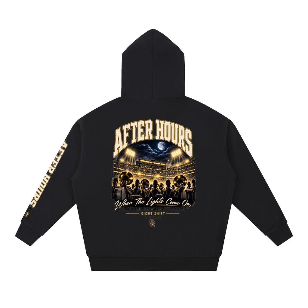 After Hours Heavyweight Hoodie — back view (black, night-stadium artwork)
