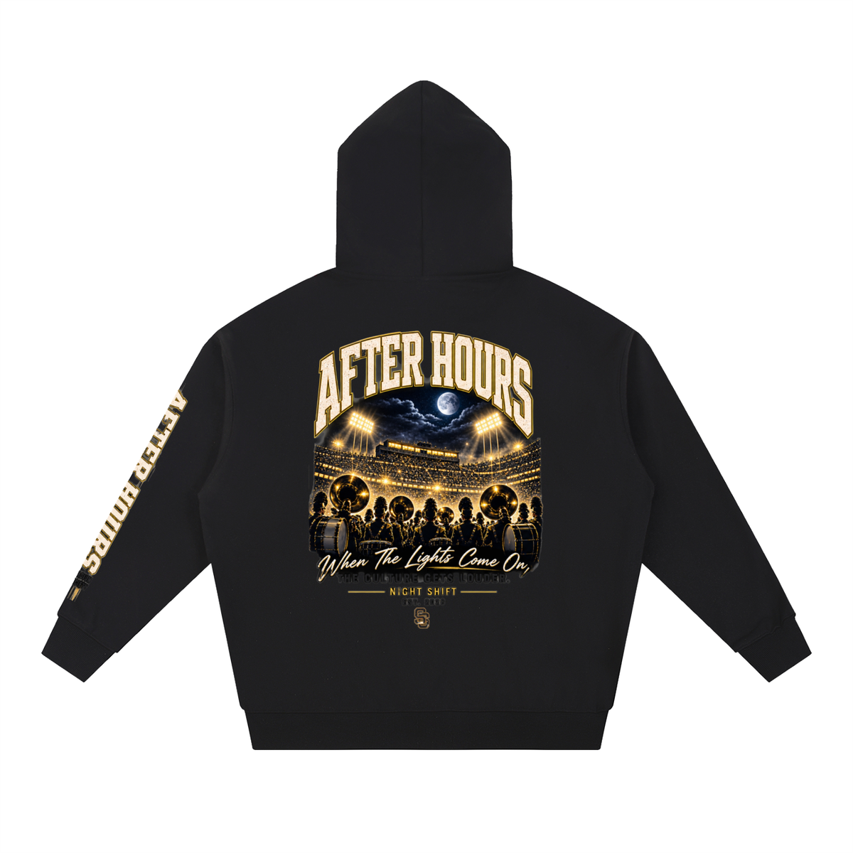 After Hours Heavyweight Hoodie — back view (black, night-stadium artwork)
