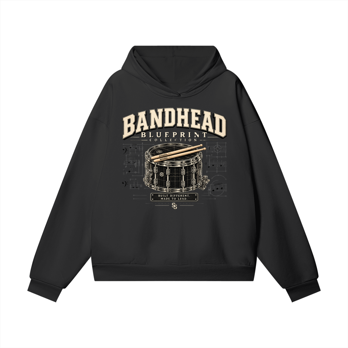 Bandhead Blueprint Snare Heavyweight Hoodie — front view (black, snare blueprint graphic)