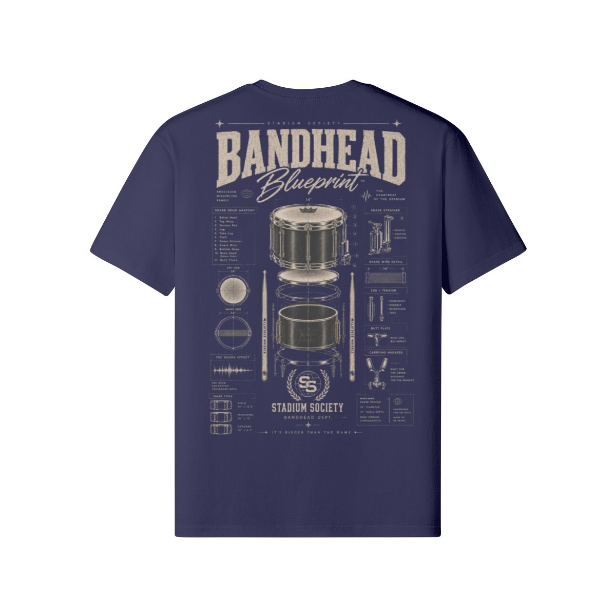 Bandhead Blueprint Snare Edition Tee — dark navy back
