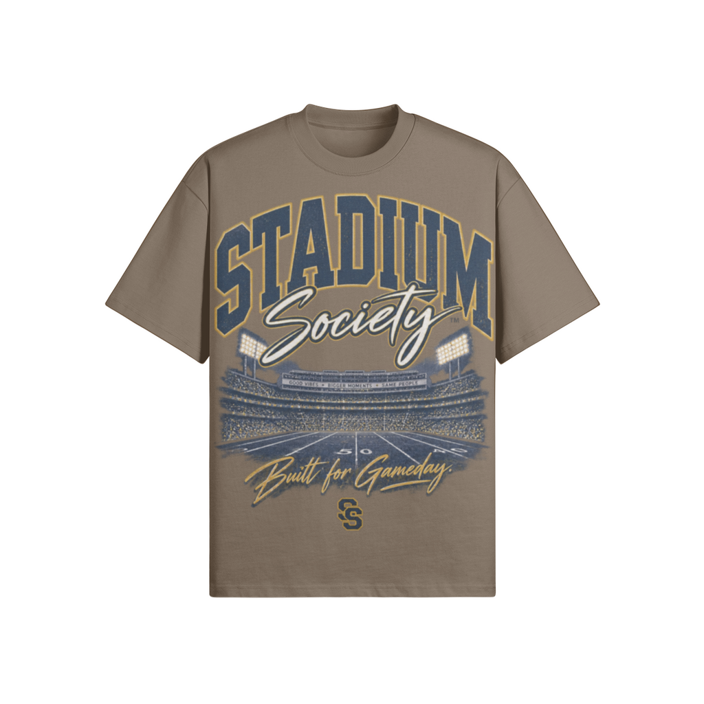 Same People. Different Stadiums. 425 GSM Oversized Tee — tan front