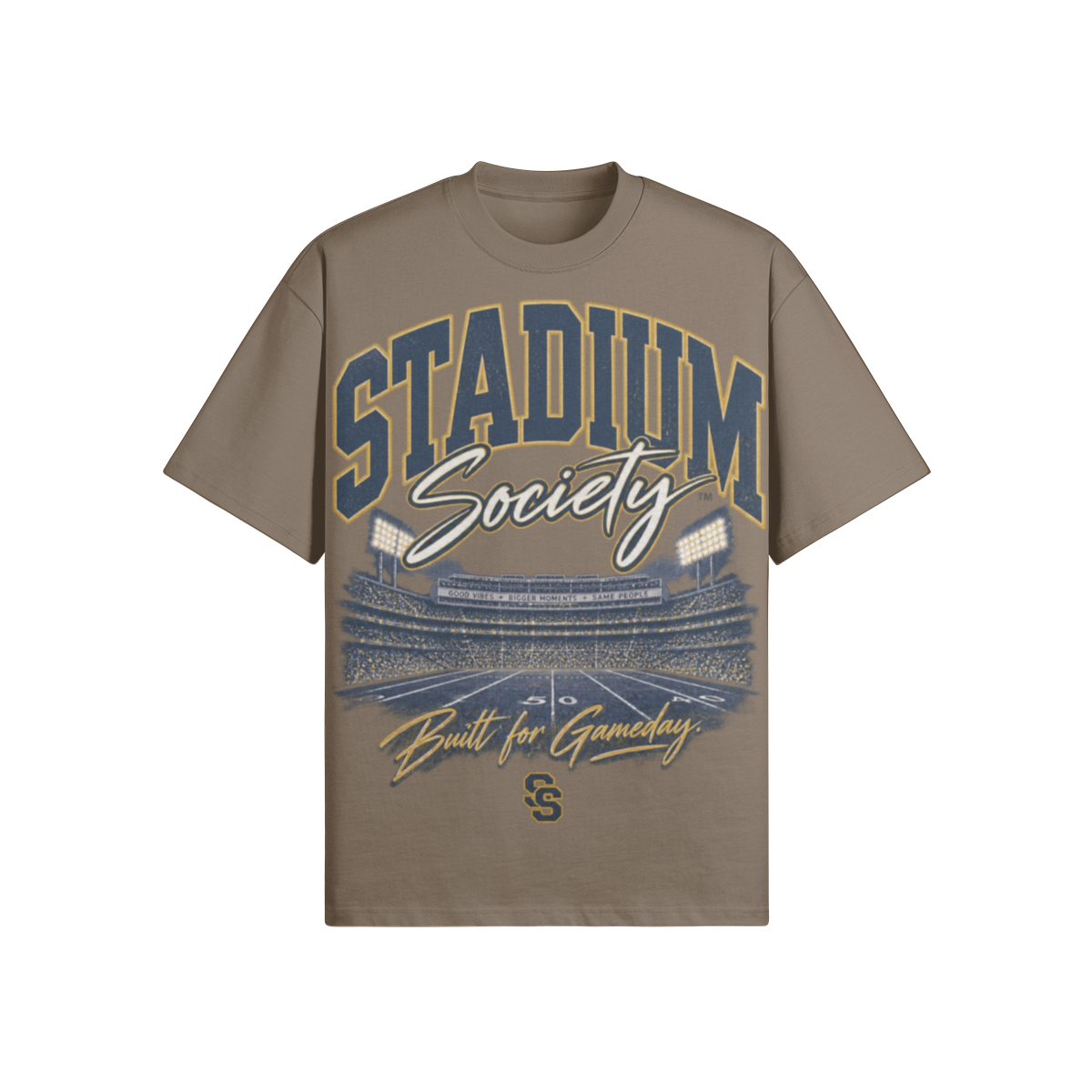 Same People. Different Stadiums. 425 GSM Oversized Tee — tan front