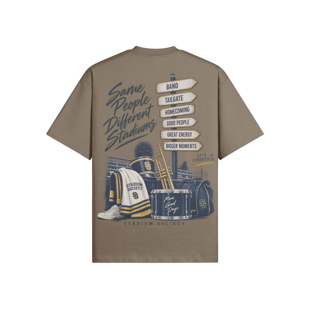 Same People. Different Stadiums. 425 GSM Oversized Tee — tan back