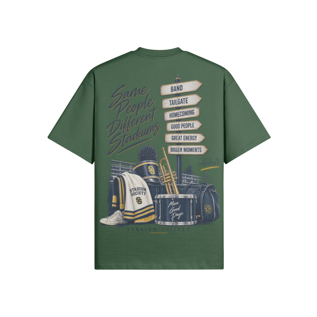 Same People. Different Stadiums. 425 GSM Oversized Tee — green back
