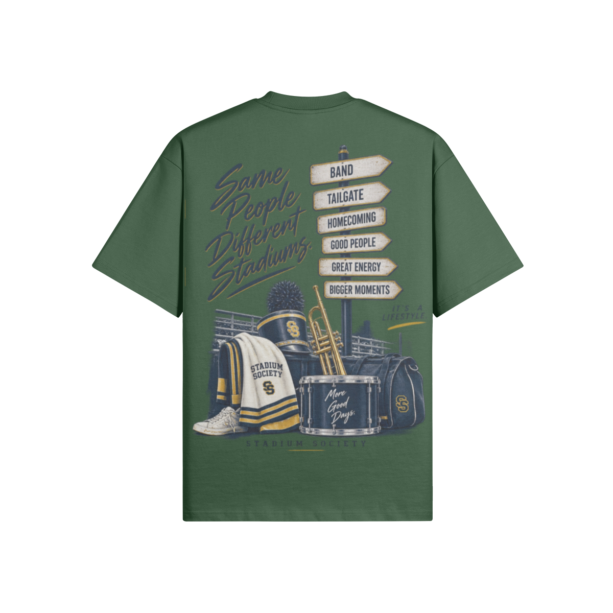 Same People. Different Stadiums. 425 GSM Oversized Tee — green back