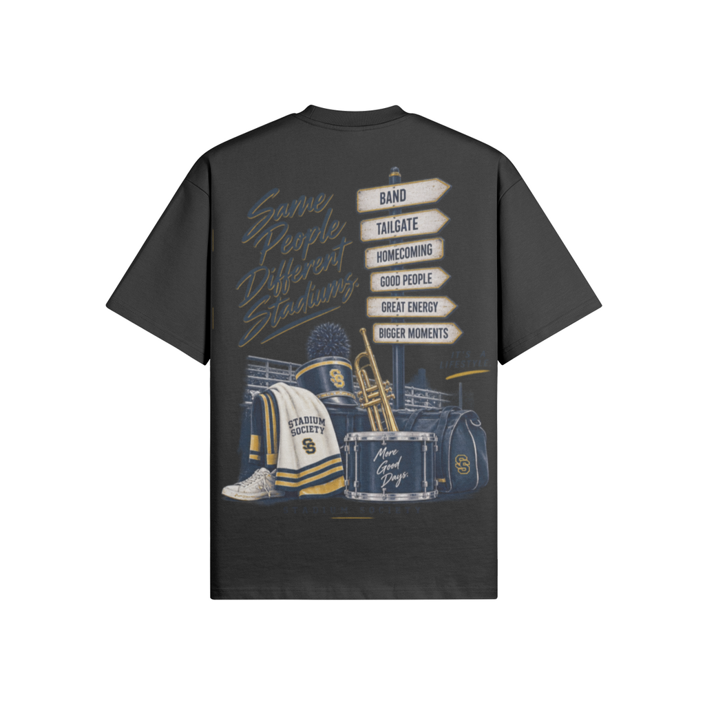 Same People. Different Stadiums. 425 GSM Oversized Tee — charcoal back
