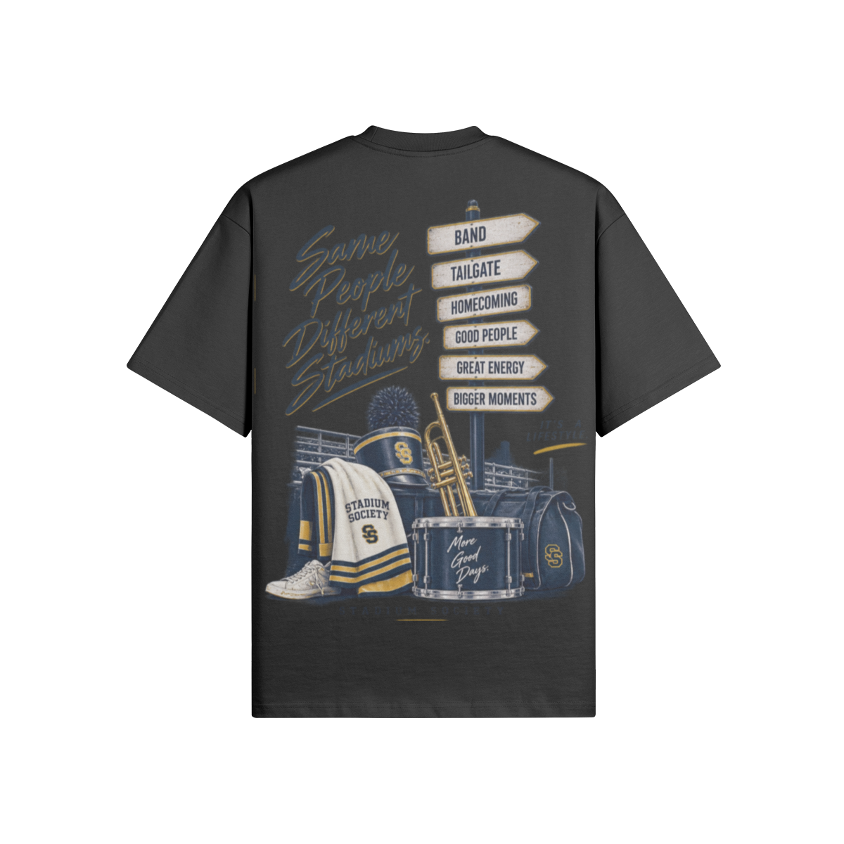 Same People. Different Stadiums. 425 GSM Oversized Tee — charcoal back