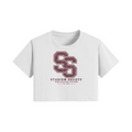 Stadium Society SS Badge Women's Crop Top — White — front view (maroon SS badge)