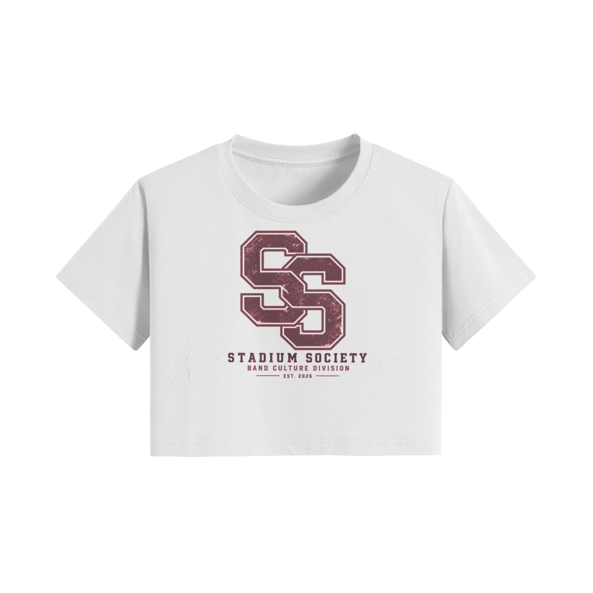 Stadium Society SS Badge Women's Crop Top — White — front view (maroon SS badge)