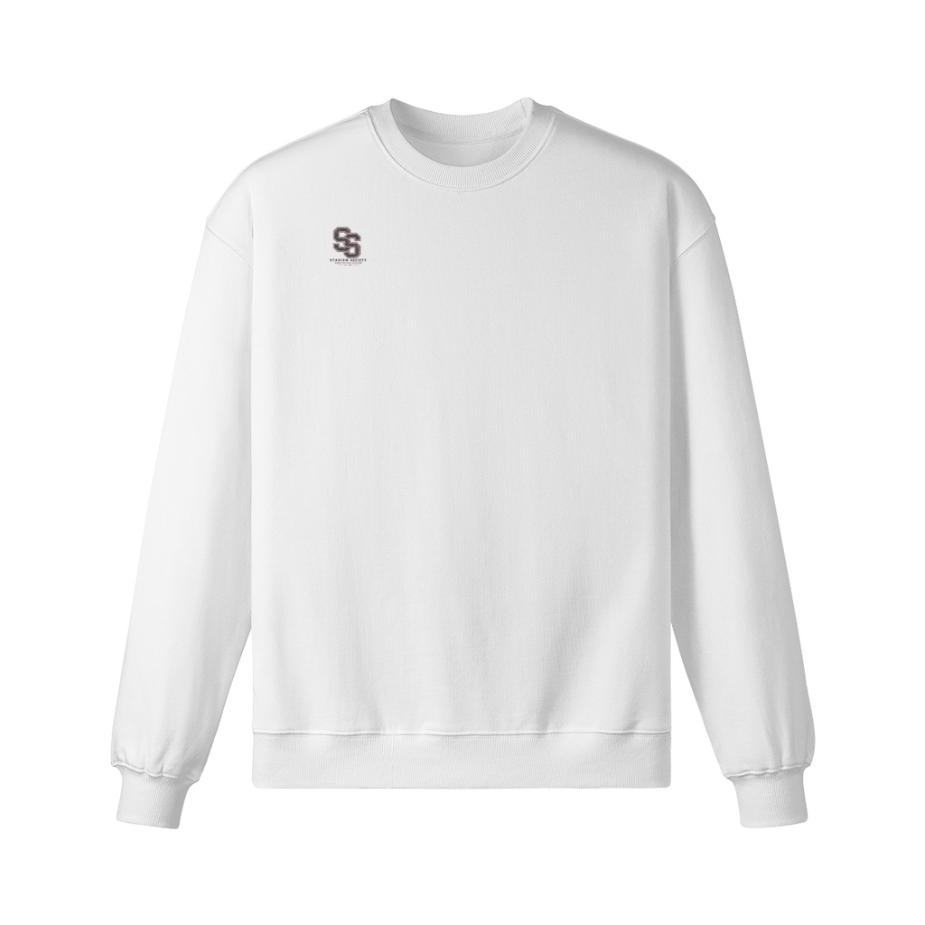 Stadium Society Band Edition Heavyweight Crewneck — front view (white, left-chest monogram)