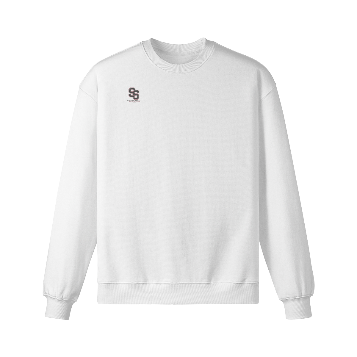 Stadium Society Band Edition Heavyweight Crewneck — front view (white, left-chest monogram)