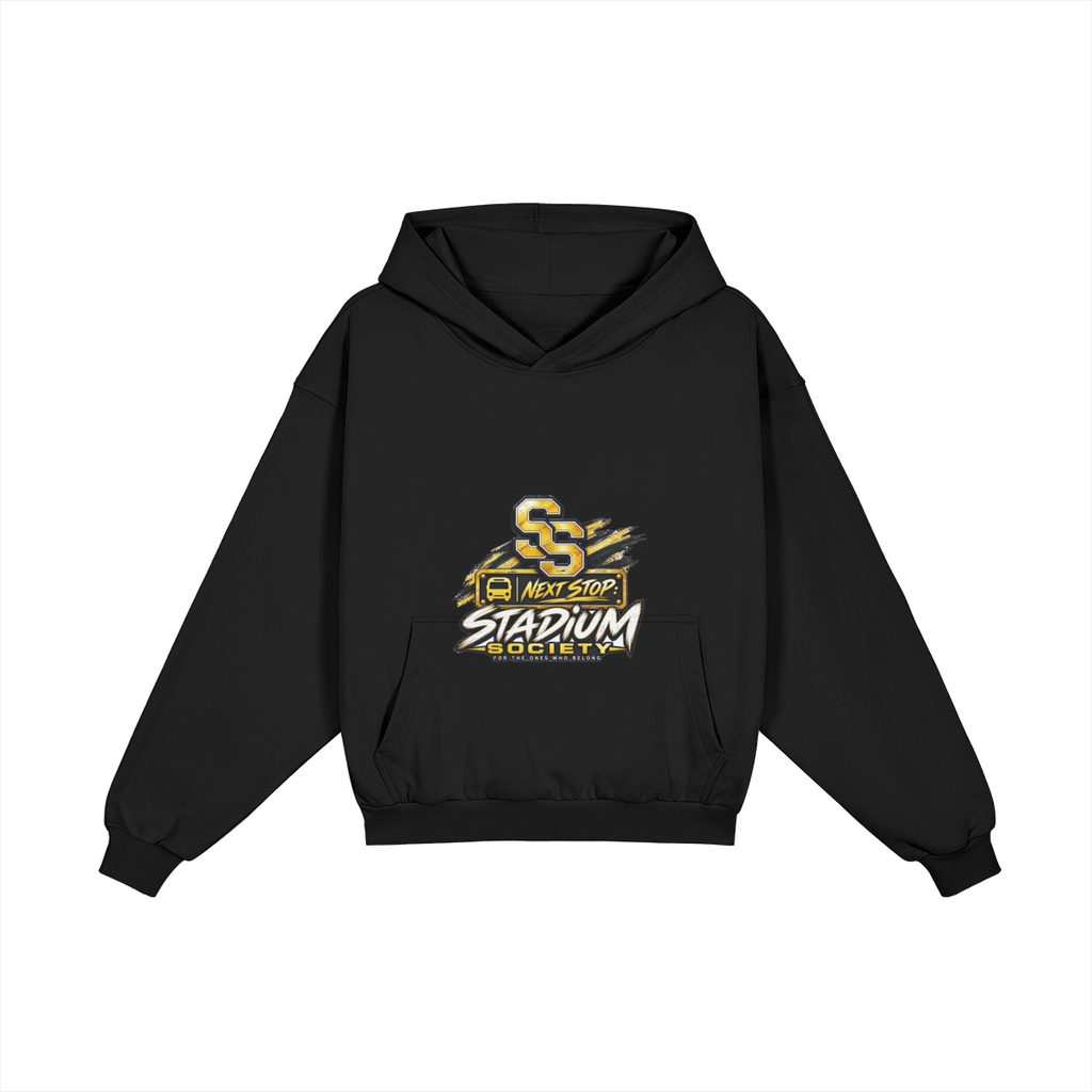 Built for This Bus Stop Heavyweight Hoodie — Black & Gold — front view (interlocked SS badge design)