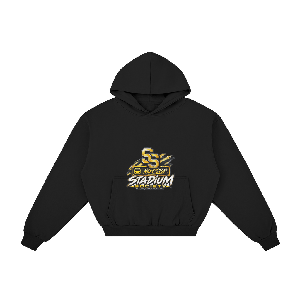 Built for This Bus Stop Heavyweight Hoodie — Black & Gold — front view (interlocked SS badge design)