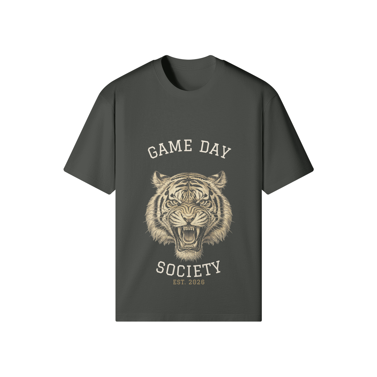 Game Day Society Tiger Heavyweight Tee — Charcoal — front view