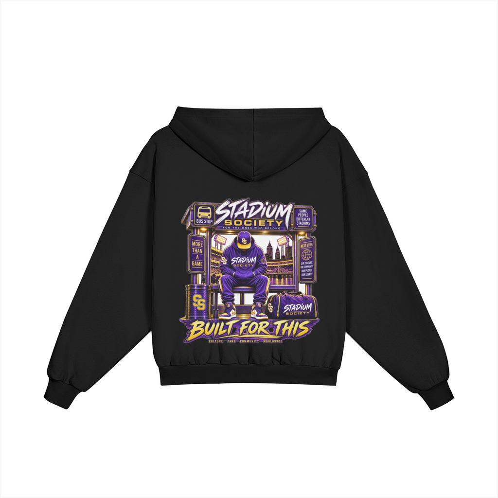 Built for This Bus Stop Heavyweight Hoodie — Purple — back view