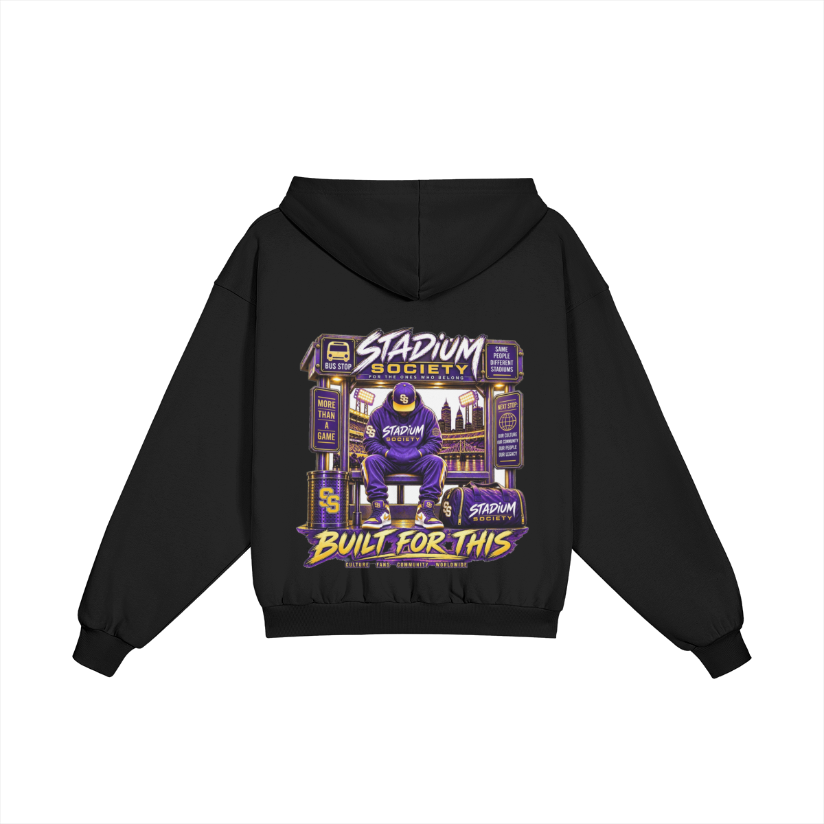 Built for This Bus Stop Heavyweight Hoodie — Purple — back view